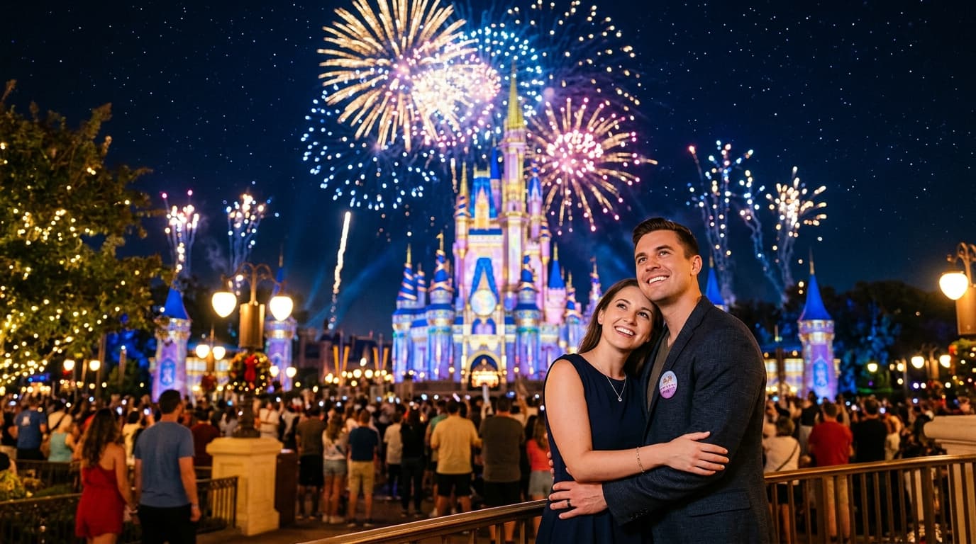 Pareja en luna de miel en Walt Disney World con fuegos artificiales